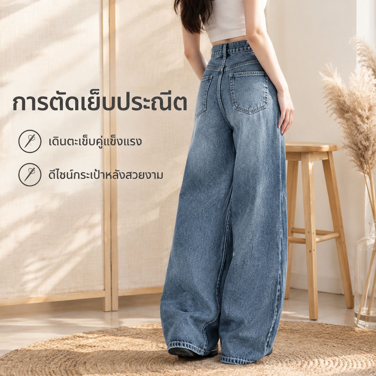 กางเกงยีนส์ดีไซน์ไม่มีเอวทรงหลวมเอไลน์สำหรับผู้หญิง ฤดูใบไม้ผลิและฤดูใบไม้ร่วง