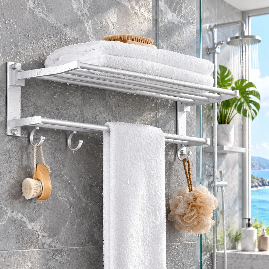 White wall-mounted bathroom towel shelf installed above toilet