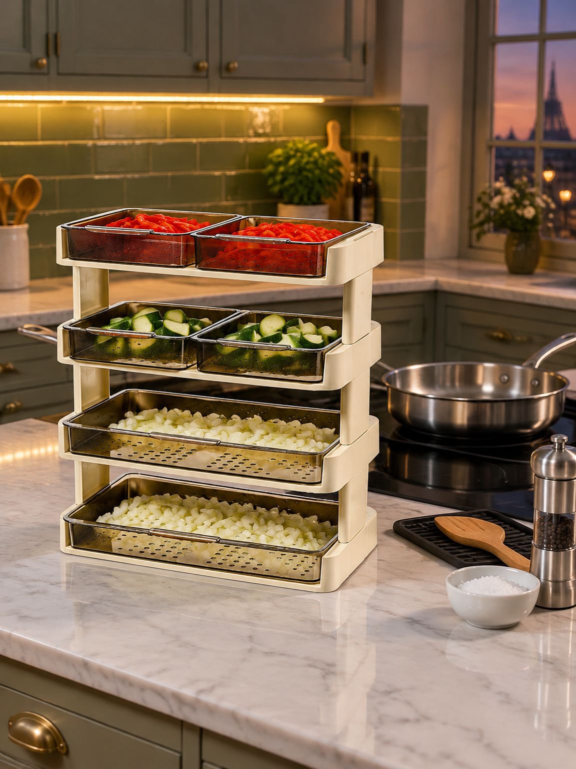 Étagère de cuisine organisée avec des ustensiles et des épices