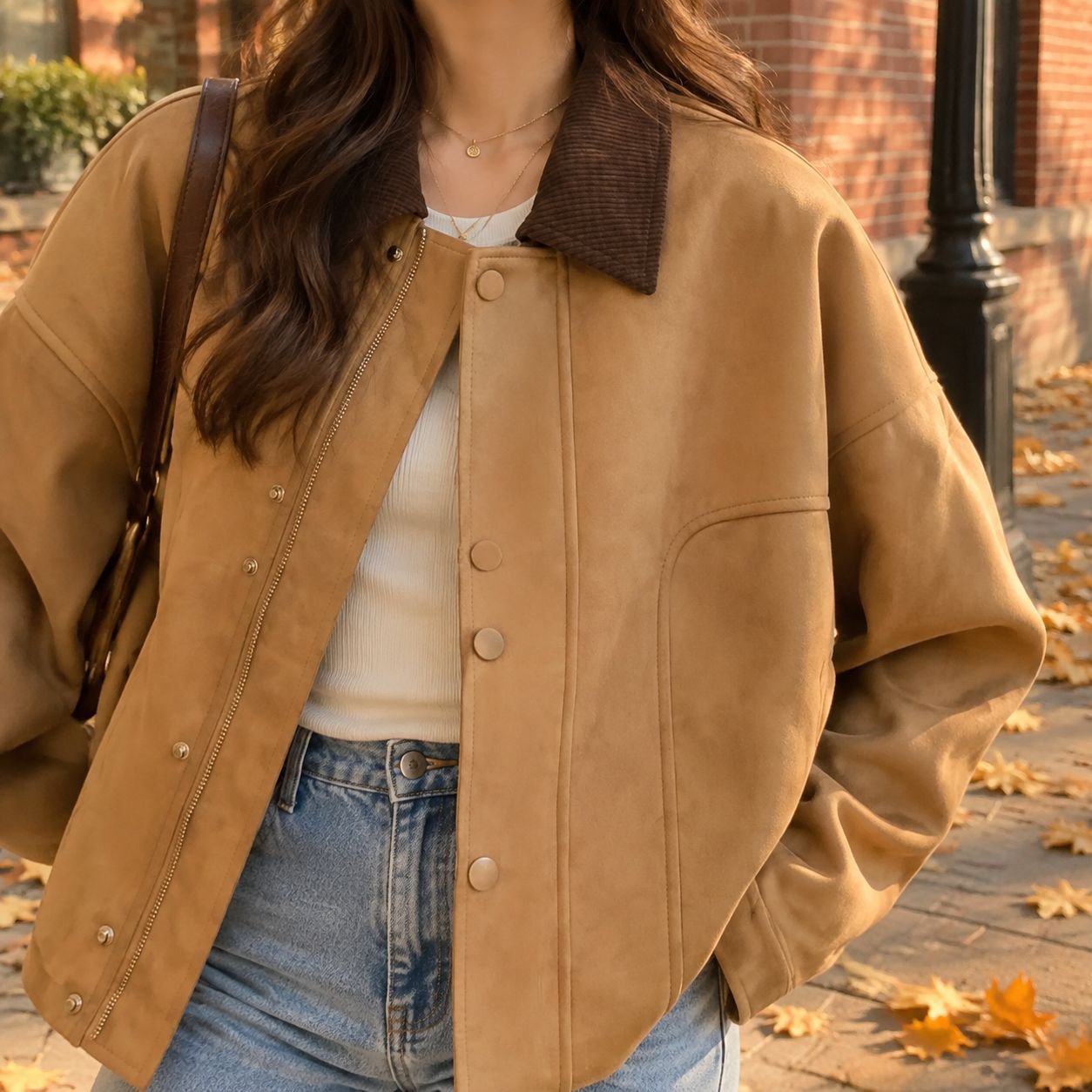 Chaqueta corta de otoño para mujer de ante en colores caramelo con botones