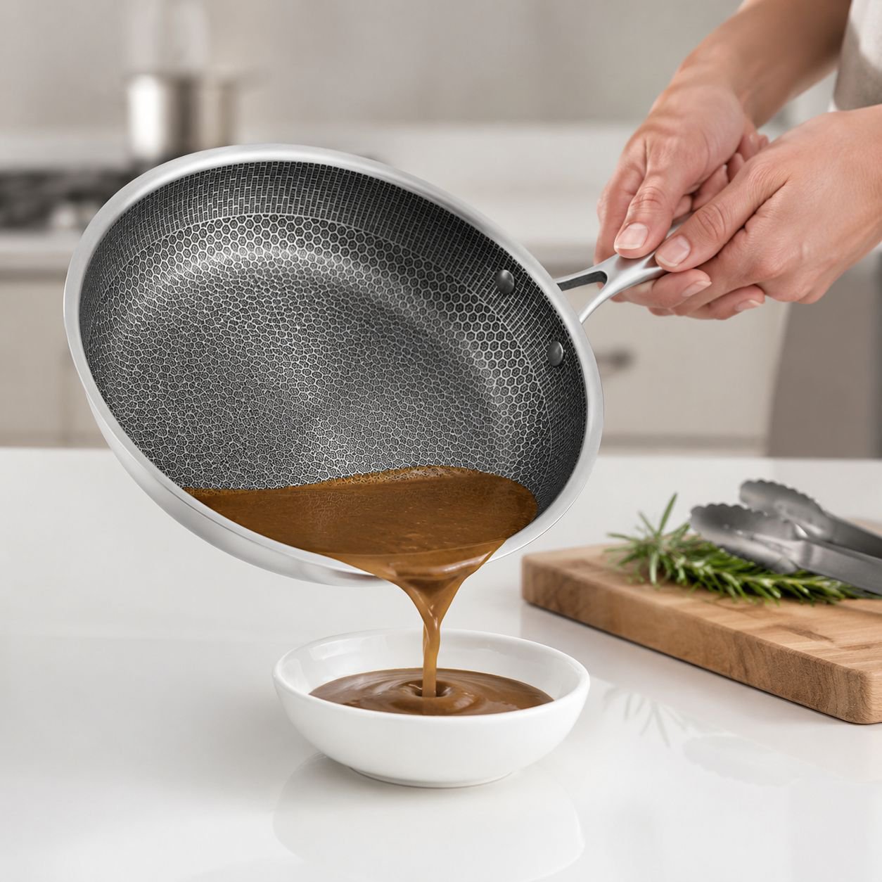Non-stick modern steak pan with steak inside