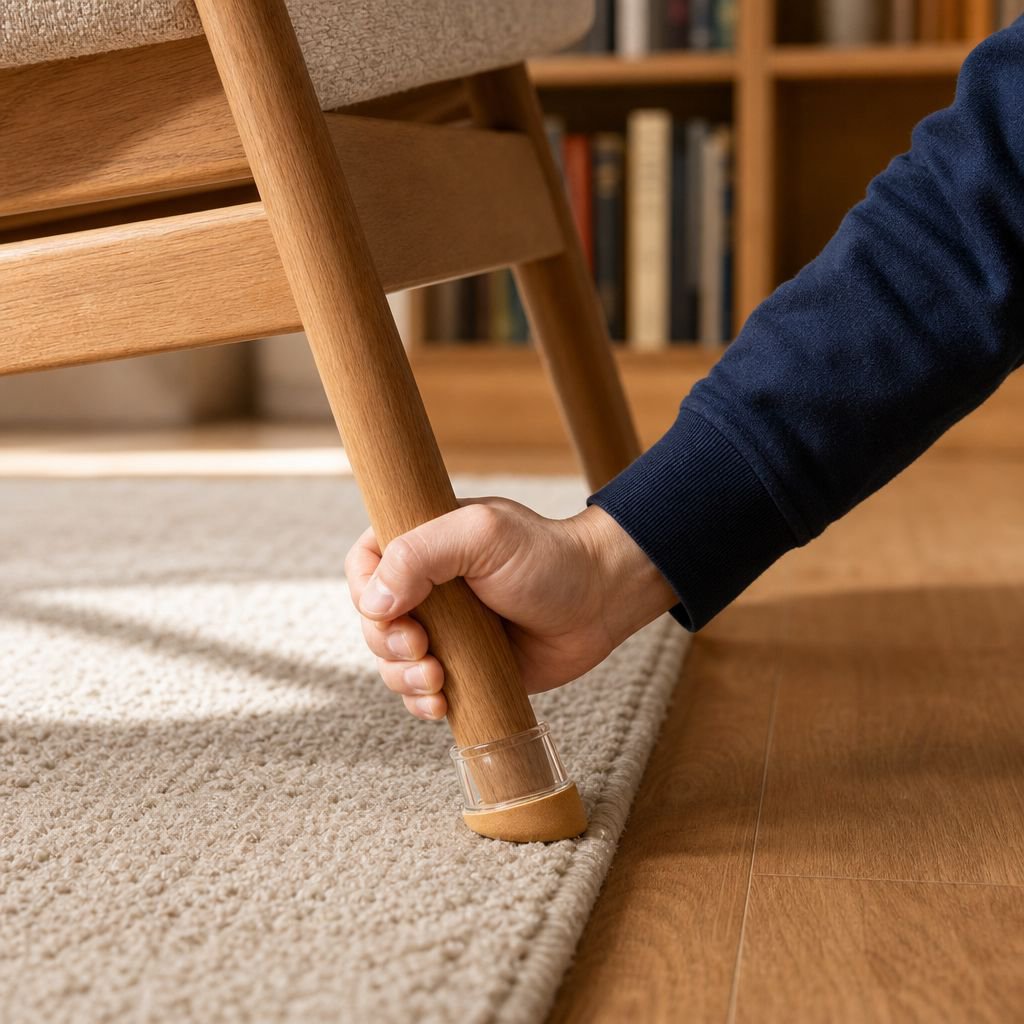 Noise reduction chair leg pads on hardwood floor