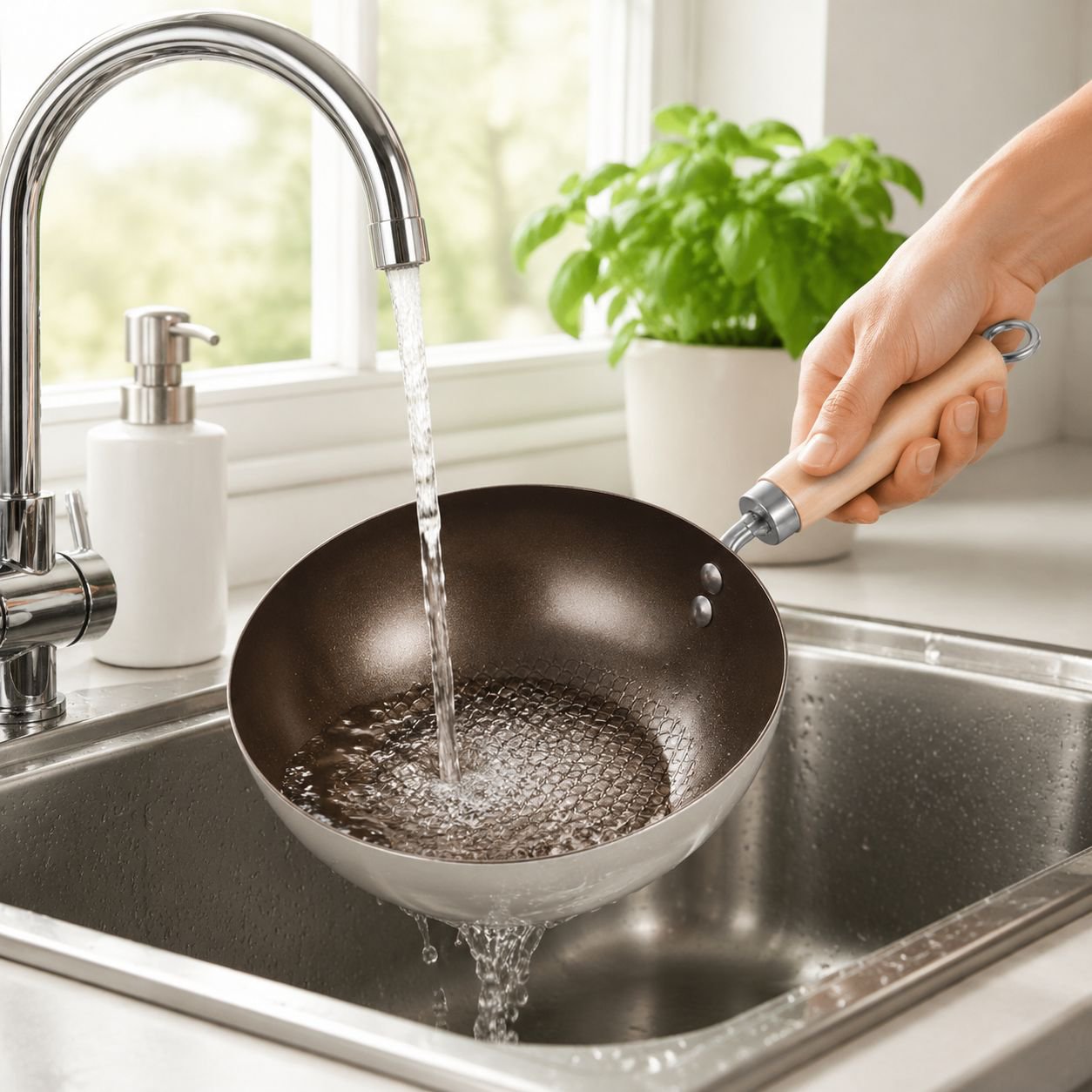 Close-up of nonstick ceramic frying pan surface