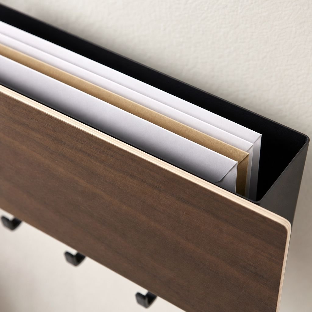 Close-up of key holder rack holding keys and mail