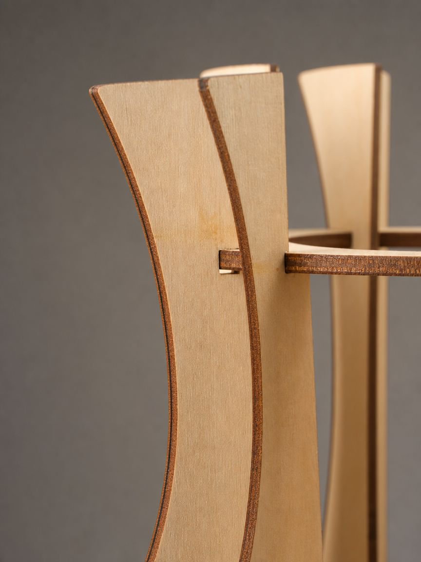 Assembled wooden vase stand displaying flowers