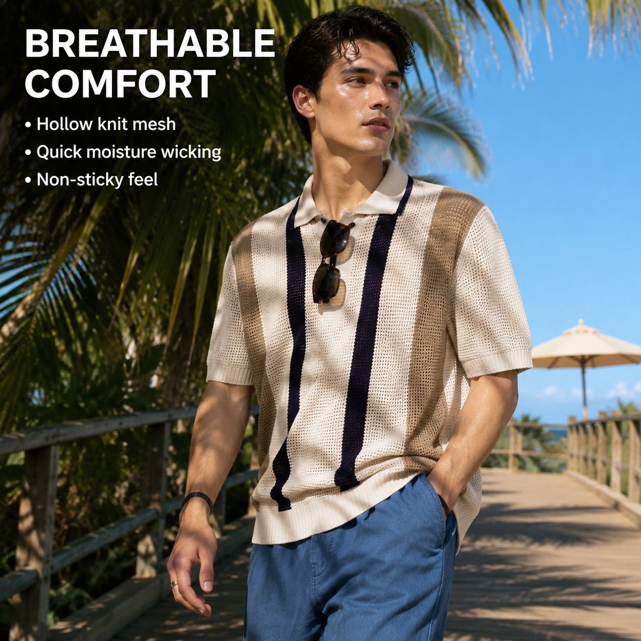 Men's Short Sleeve Knit Cardigan Airy Punch Collar Sweater