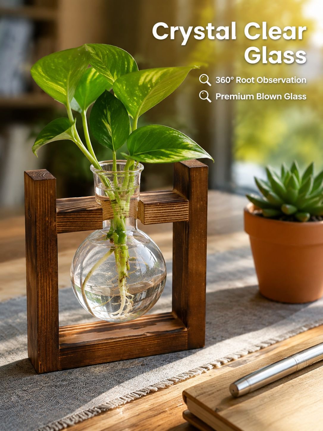 Glass Bottle Hydroponic Greenery Wooden Stand Ornament