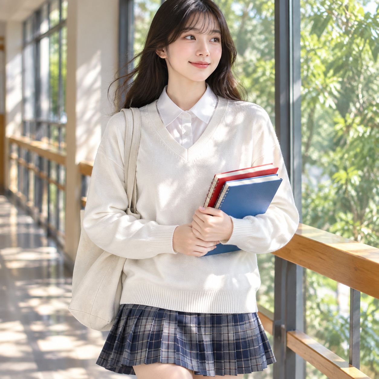 JK制服風プルオーバーセーター（女性用）、和風デザイン、無地Vネックニット、長袖重ね着、ツーピース風デザイン。