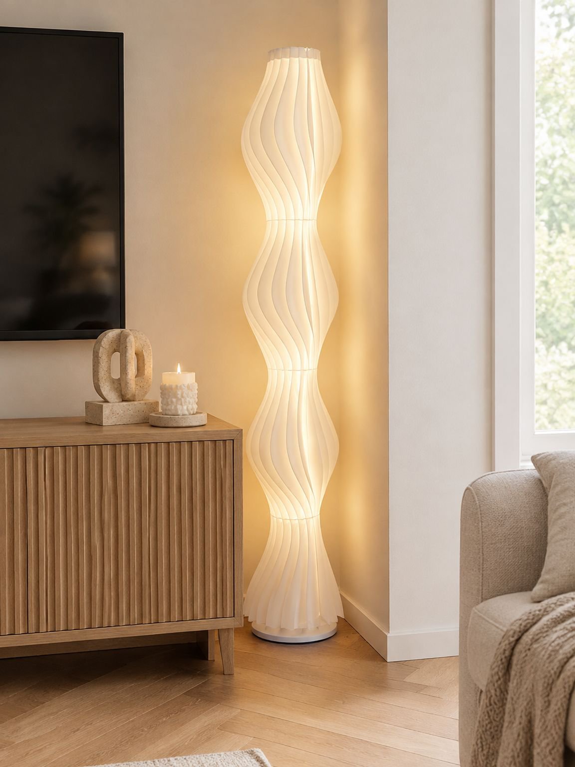 Grass skirt lamp creating warm ambient lighting