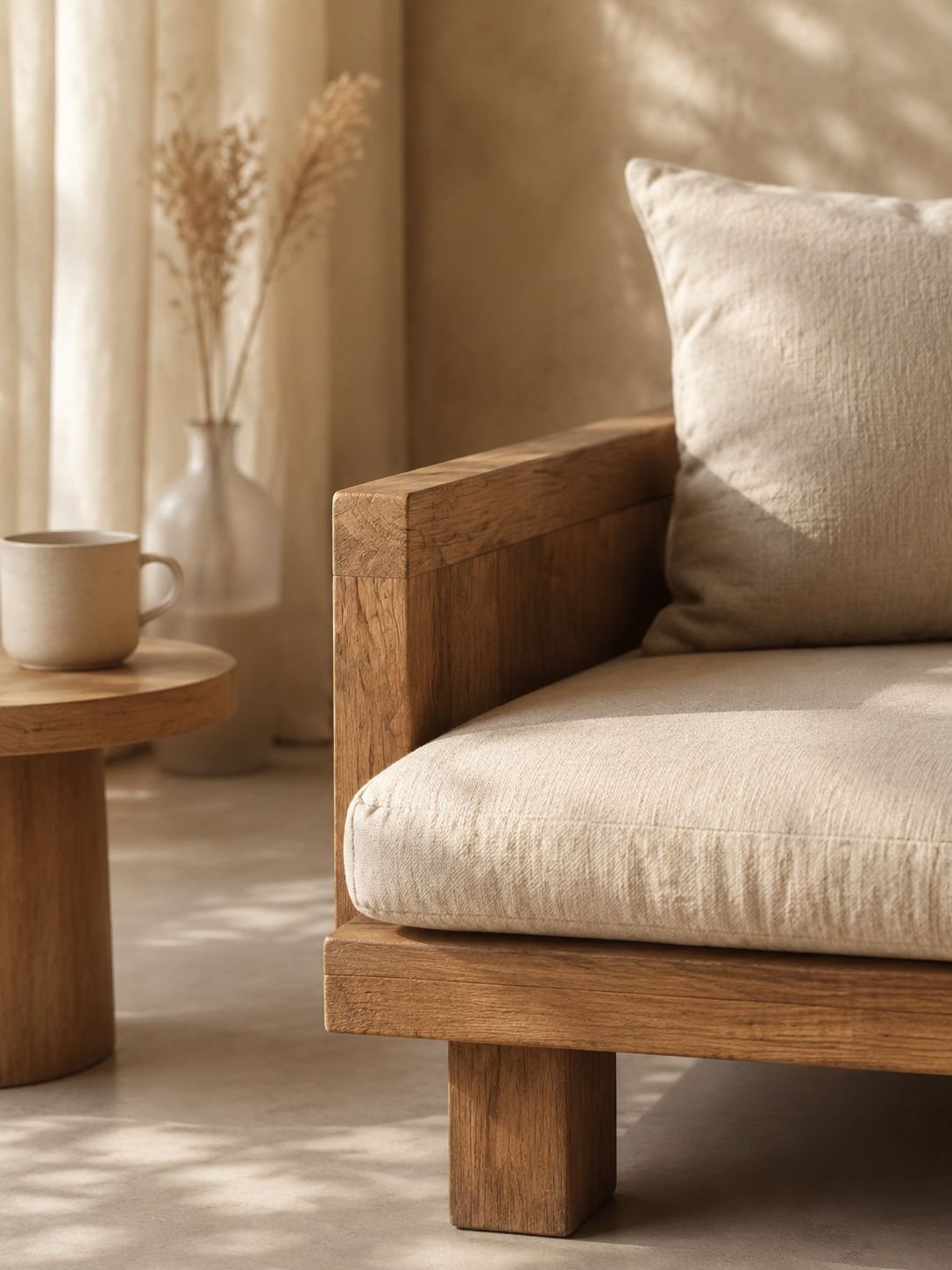 Wabi-Sabi-Sofa aus Holz für ein minimalistisches Wohnzimmer