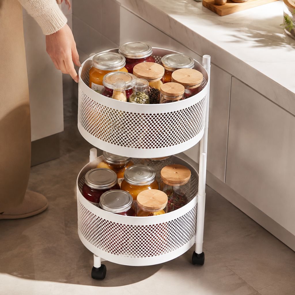 Mobile multi-purpose storage shelf with wheels in modern living room