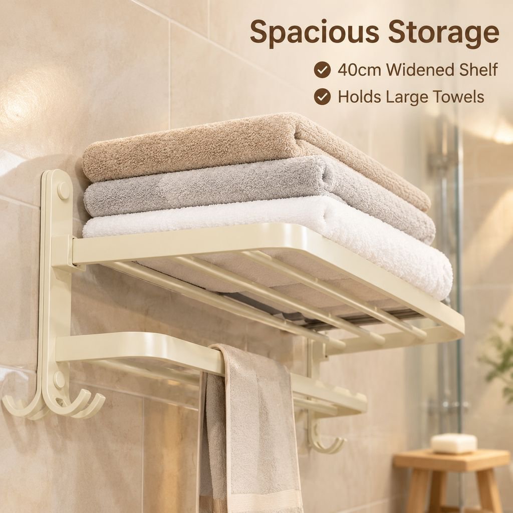 Cream Style Bathroom Towel Rack Punch-Free White Bath Towel Shelf Hardware Set