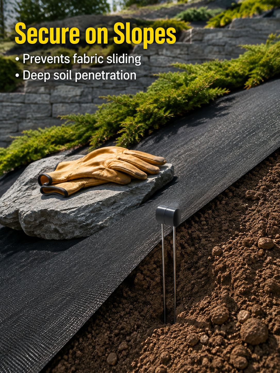 Secure U-Shaped Pegs for hassle-free weed sheet installation in rocky soil