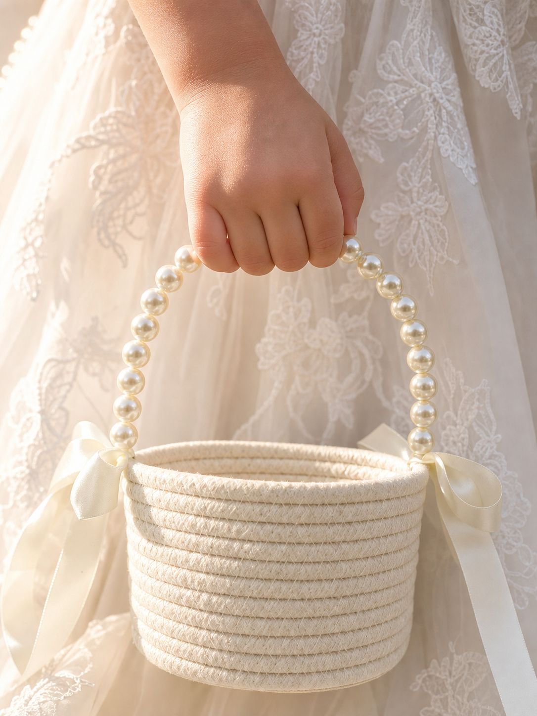 Handmade white cotton rope flower girl basket