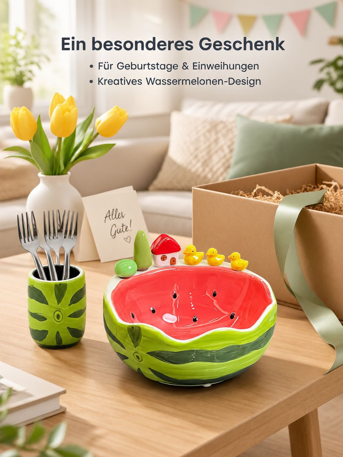 Süßes Keramik-Frucht-Schalen-Set mit Wassermelonenmuster und Edelstahl-Fruchtgabeln