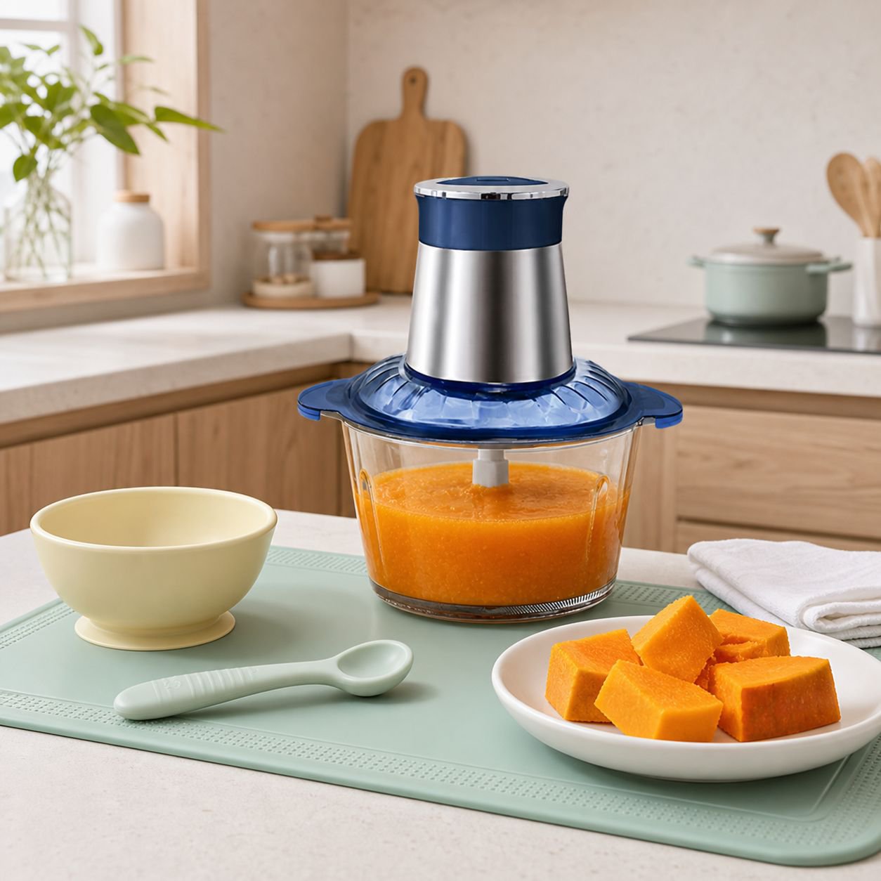 Mini electric food processor chopping vegetables