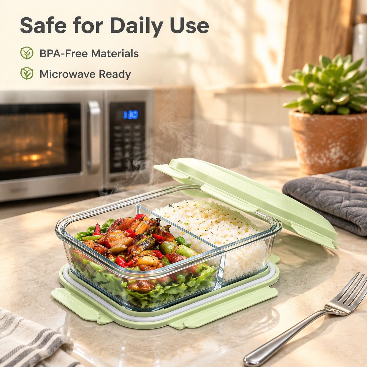 Microwave Safe Glass Bento Lunch Box with Divided Compartments and Lid