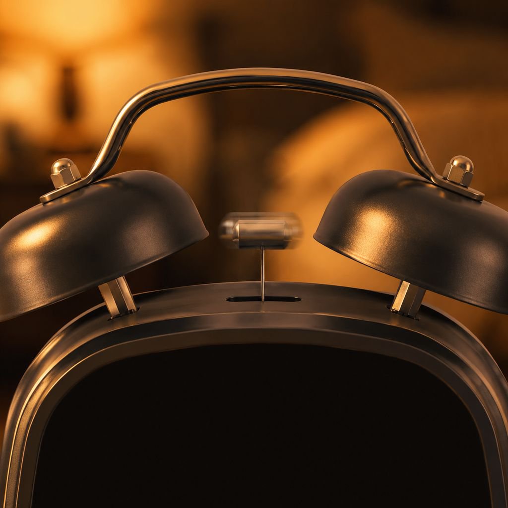 Close-up of loud metal bell and LED display alarm clock