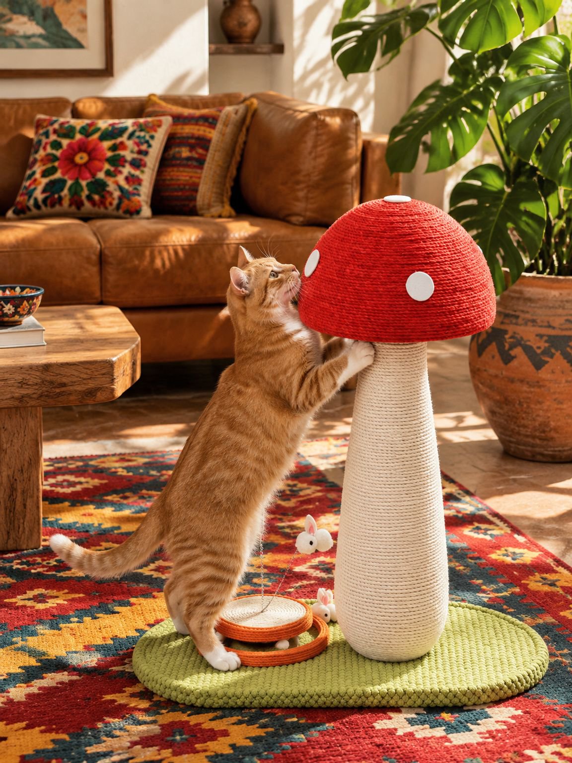 Rascador para gatos grande con yute y forma de hongo rojo