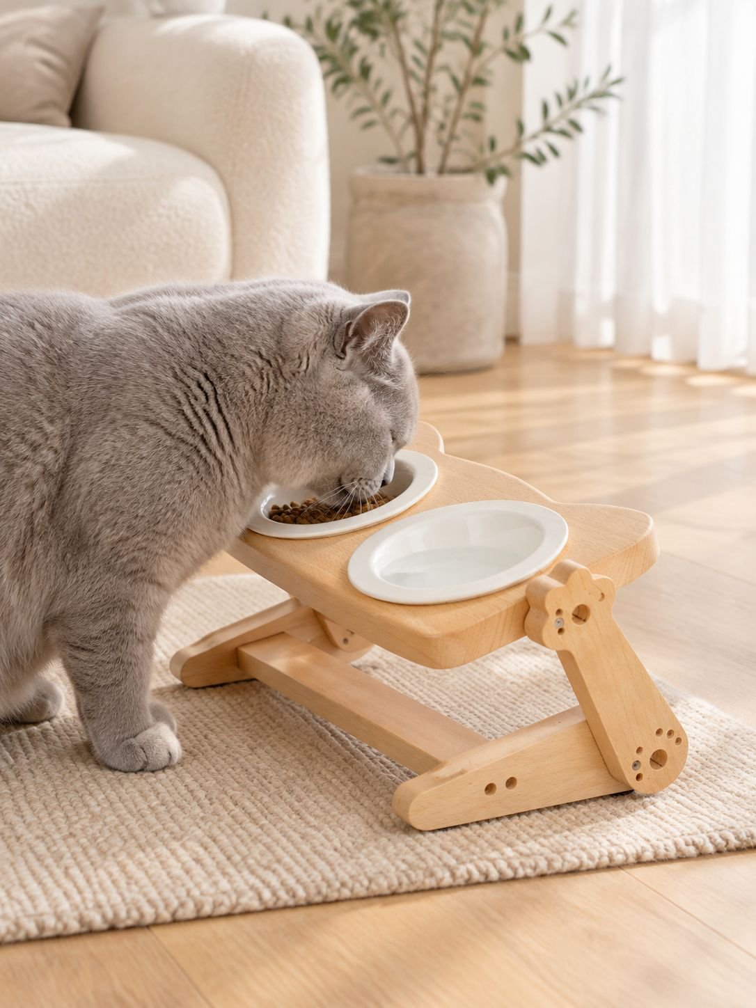 Buchenholz-Katzenständer mit Keramiknapf für Katzenfutter