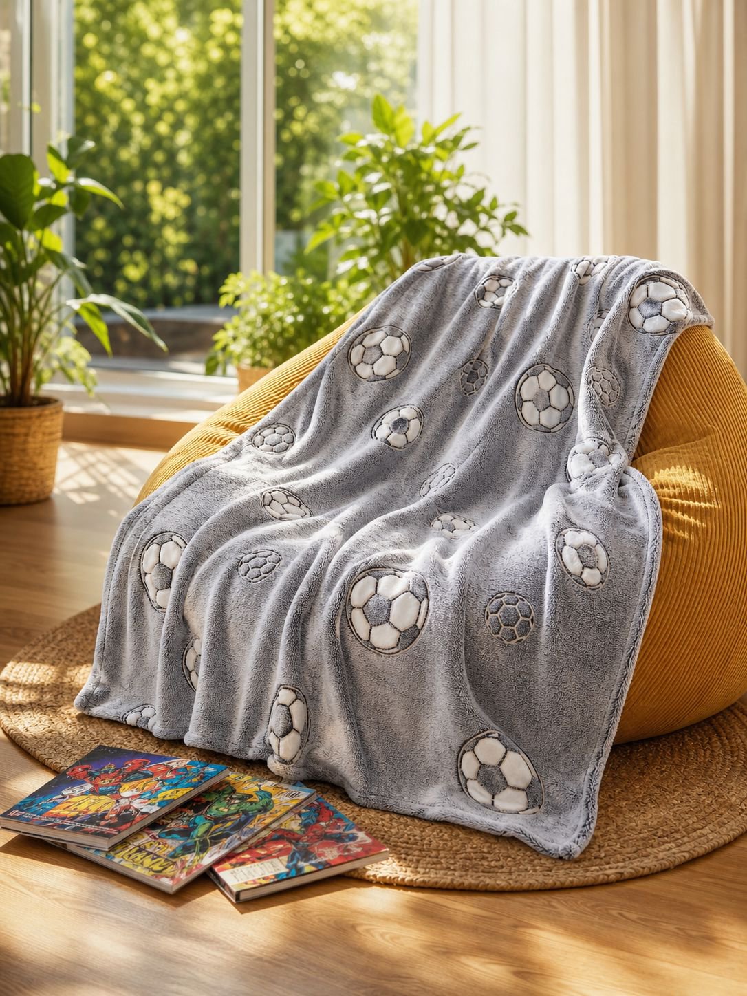 Kids room with soccer ball blanket glowing at night