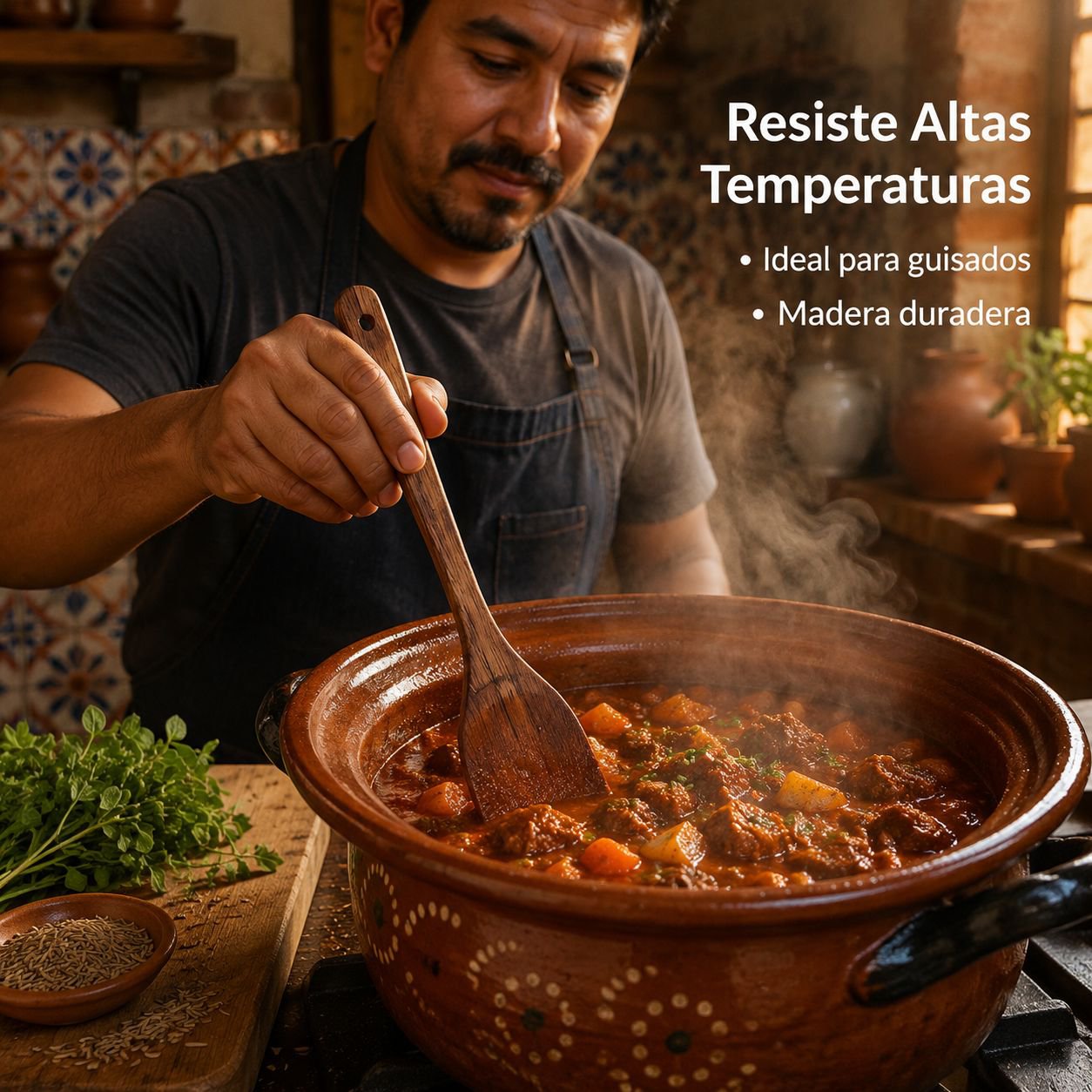 Espátula de madera de haya para cocinar en la cocina.