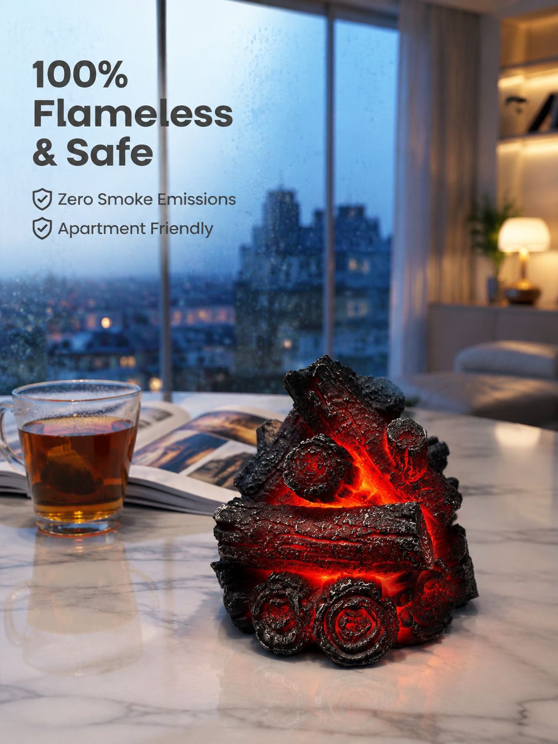 Modern Minimalist Style Resin Charcoal LED Ambient Lamp, Battery Powered, C Type