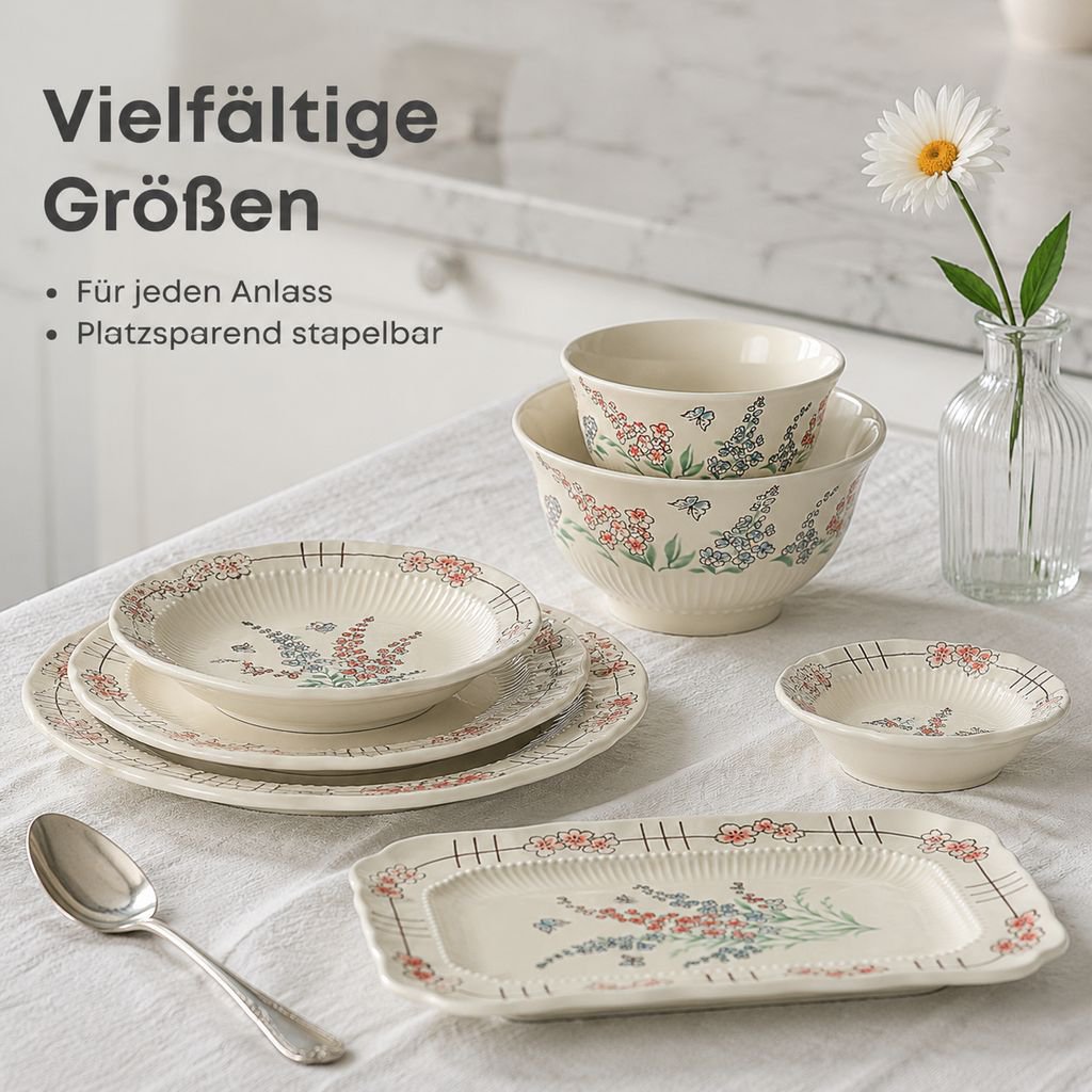Keramik-Geschirrset im rustikalen Vintage-Landhausstil mit Unterglasurdekoration