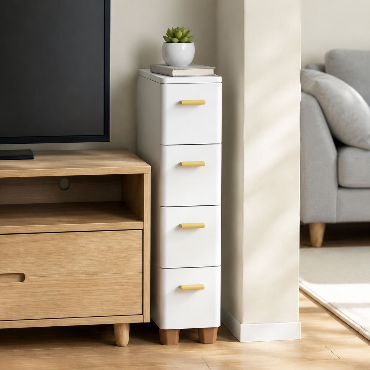 Slim storage cabinet fitting perfectly between appliances