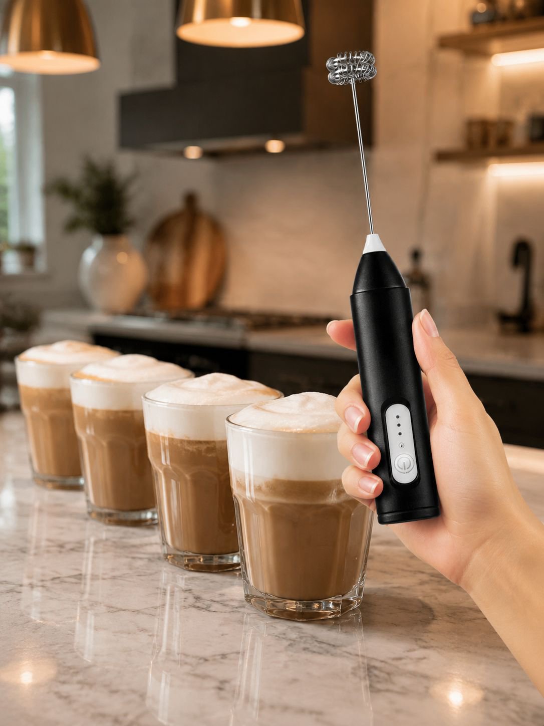 Wireless electric handheld milk frother foaming milk in a glass