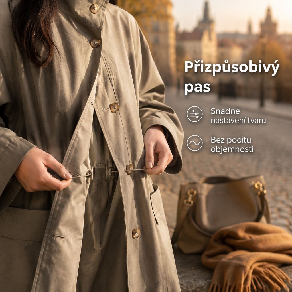Elegantní dámský trenčkot se stojáčkem a páskem na zvýraznění pasu