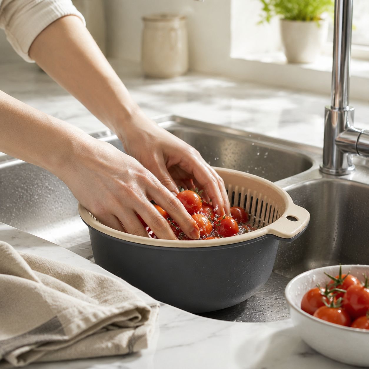 Cesta escurridora de doble capa para cocina en uso