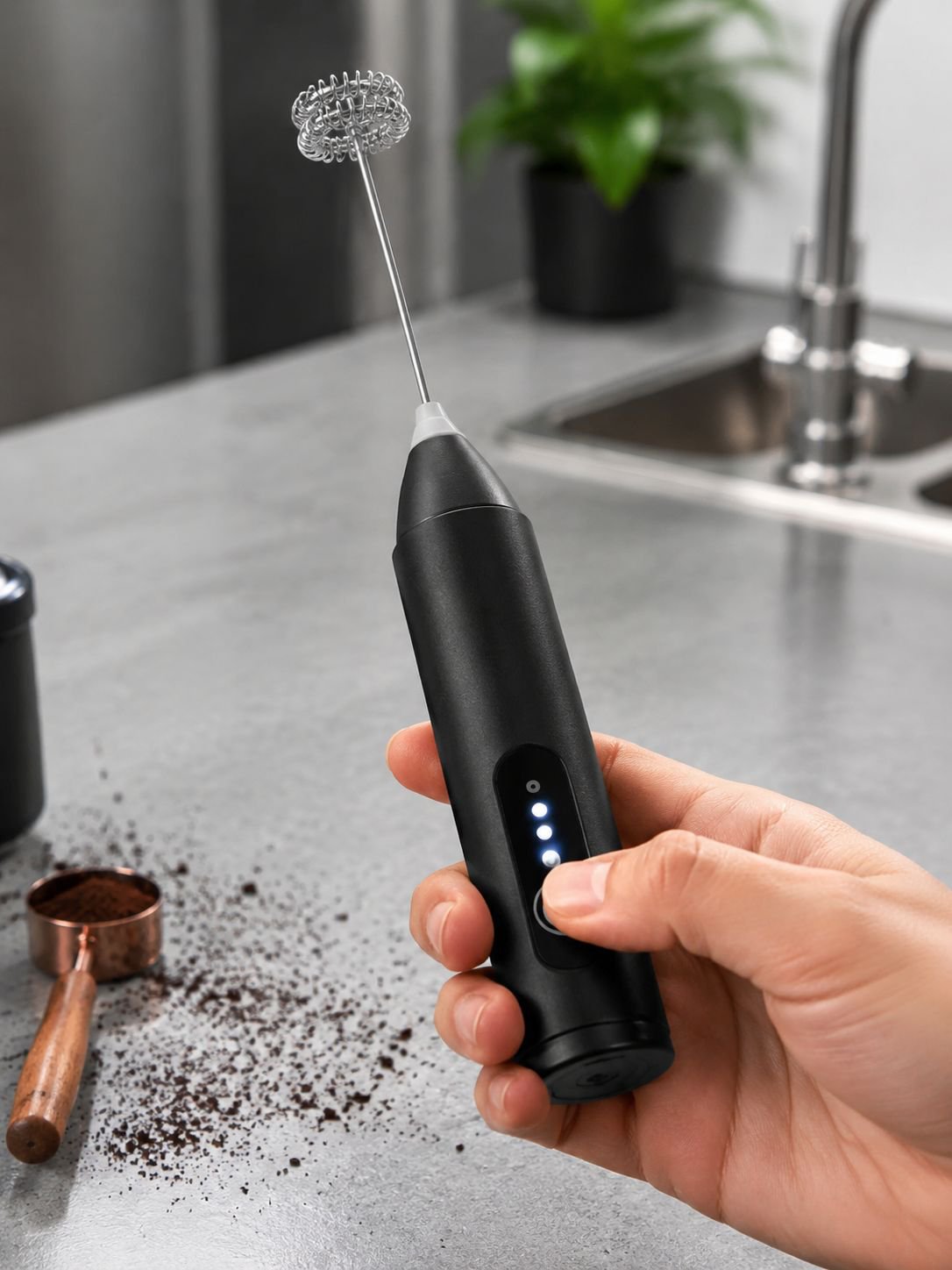 Rechargeable wireless milk frother on kitchen countertop