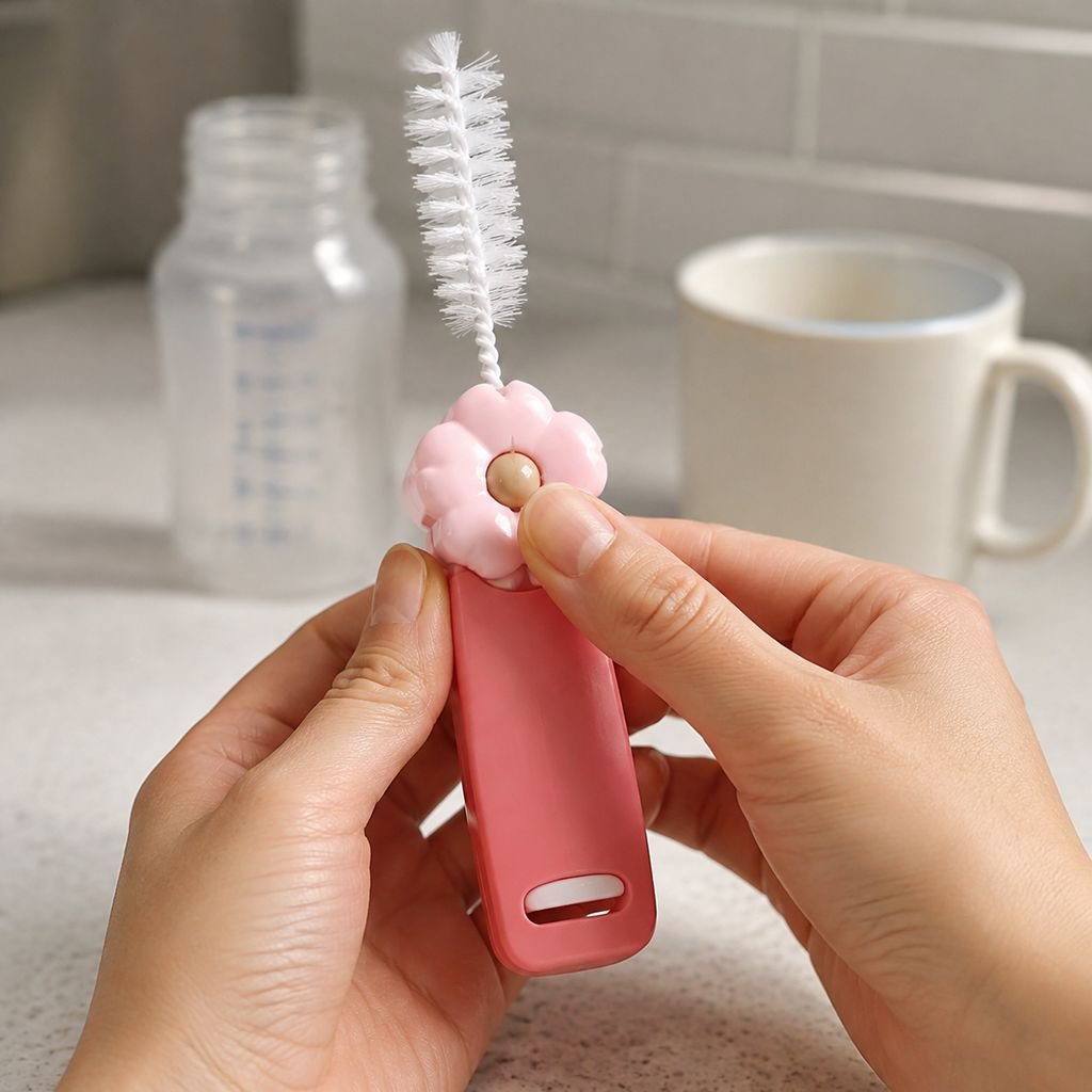 Close-up of petal bristles on cup lid cleaning brush