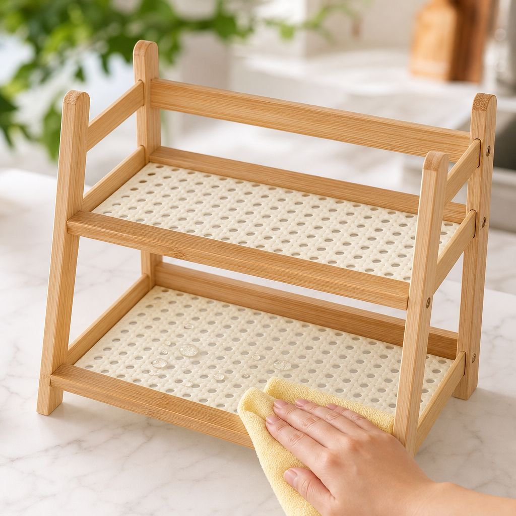 Cream-colored multifunctional bedside shelf, rattan style, suitable for home kitchen