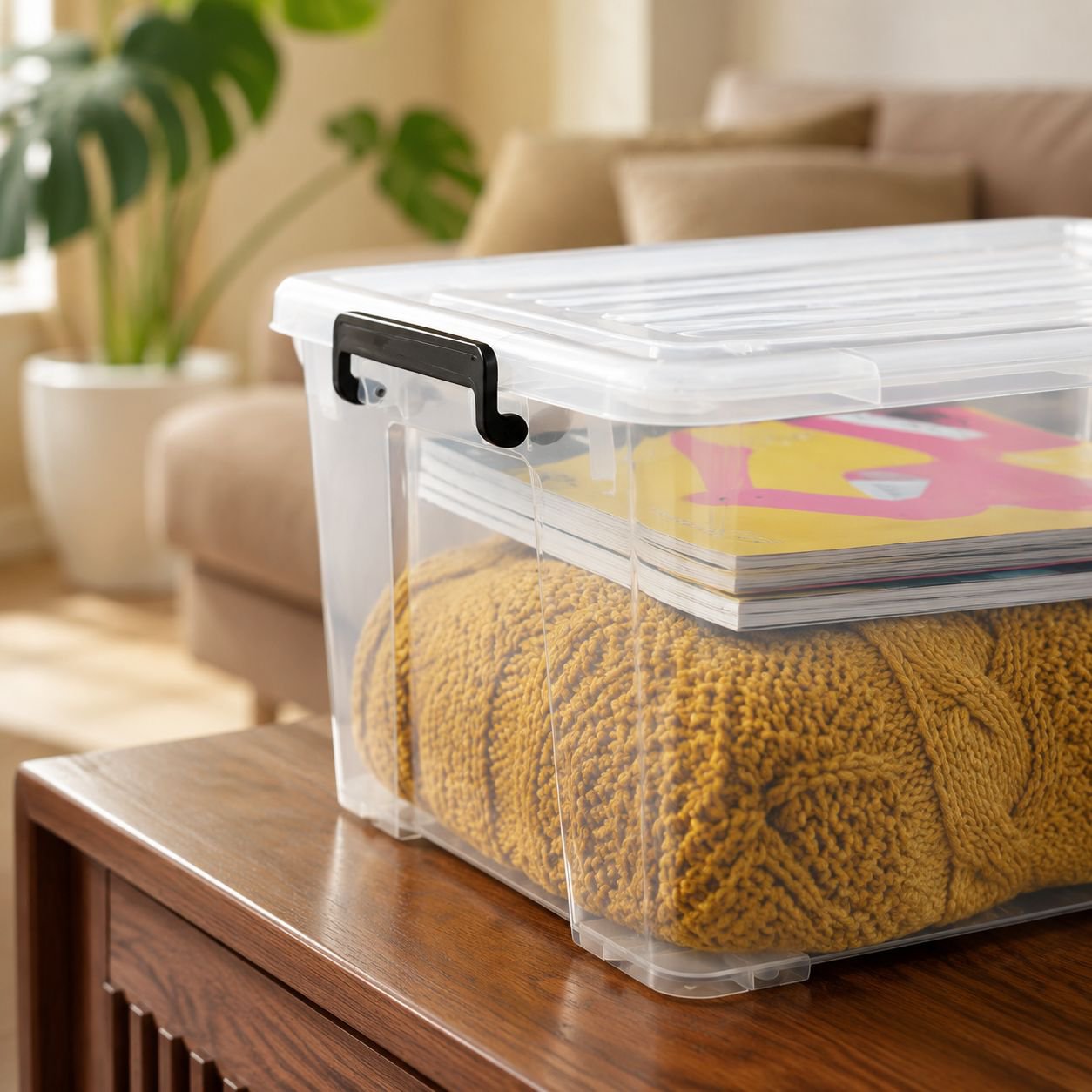 Durable plastic storage container with easy-carry handle
