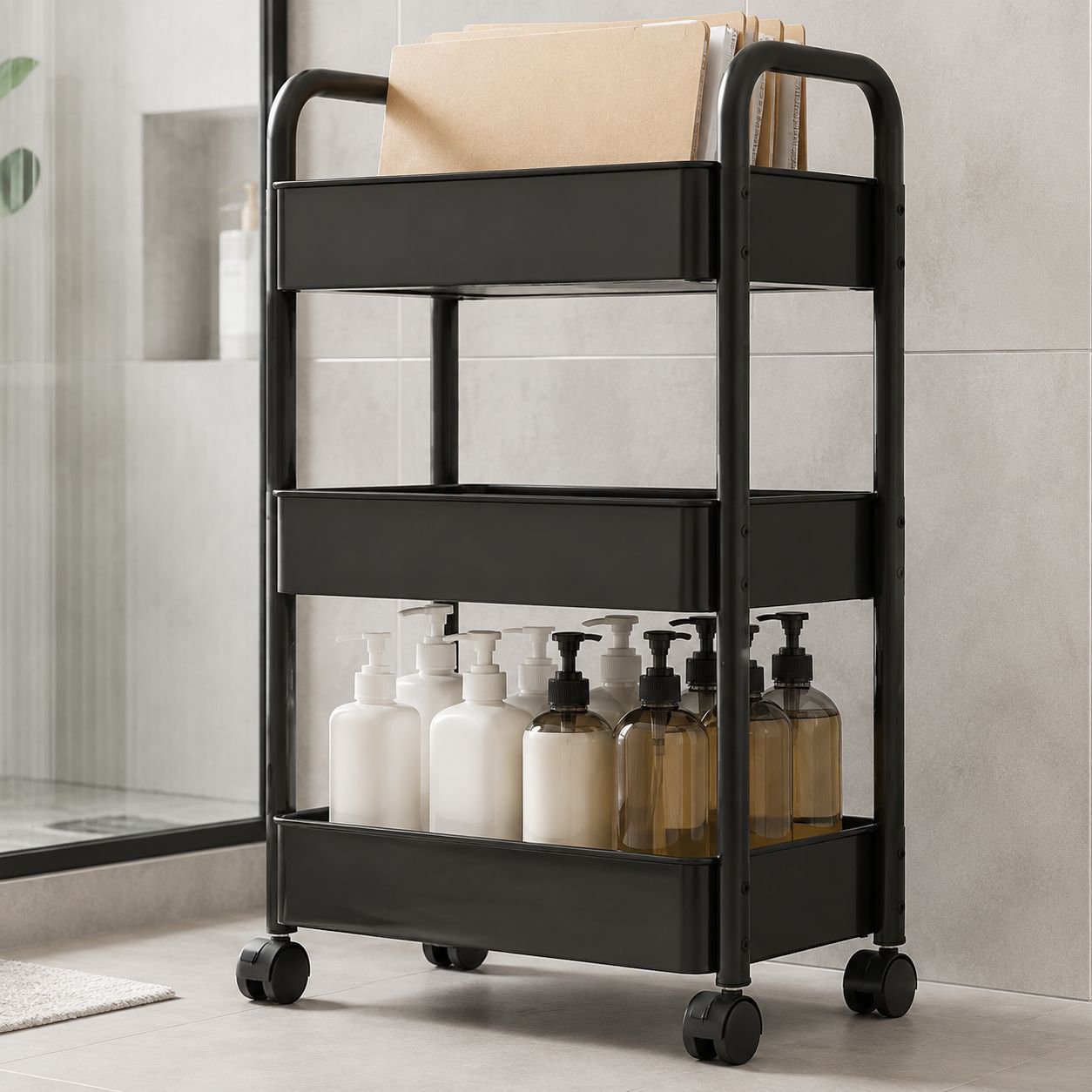 Movable Multi-Layer Storage Rack Carbon Steel Foldable Trolley for Kitchen and Bedroom