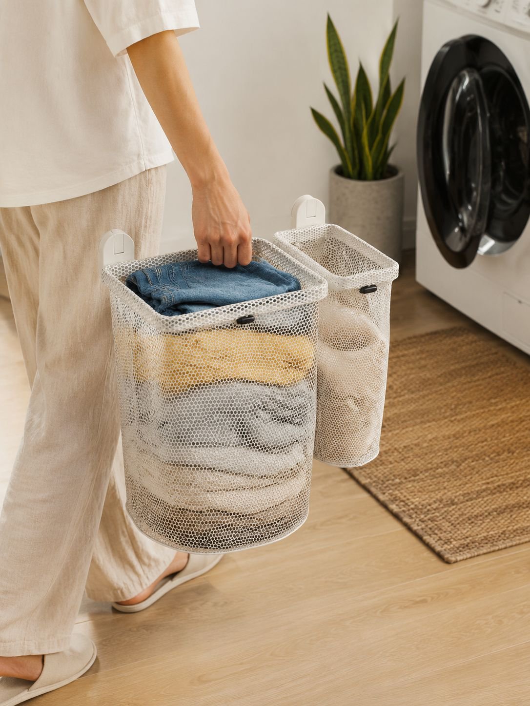 Space-saving laundry basket suitable for small bathroom spaces