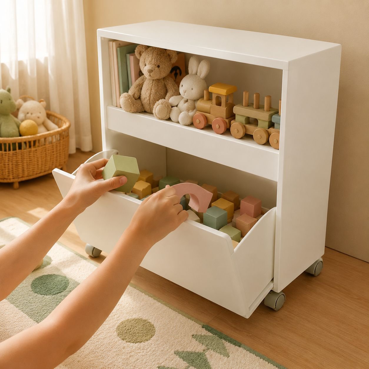 Toy organizer cabinet placed in living room