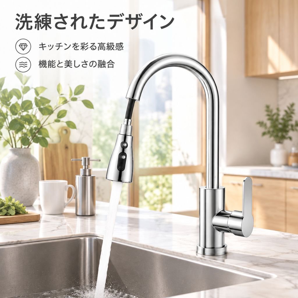 キッチン用引き出し式水栓、温水・冷水兼用、飛沫防止機能付き