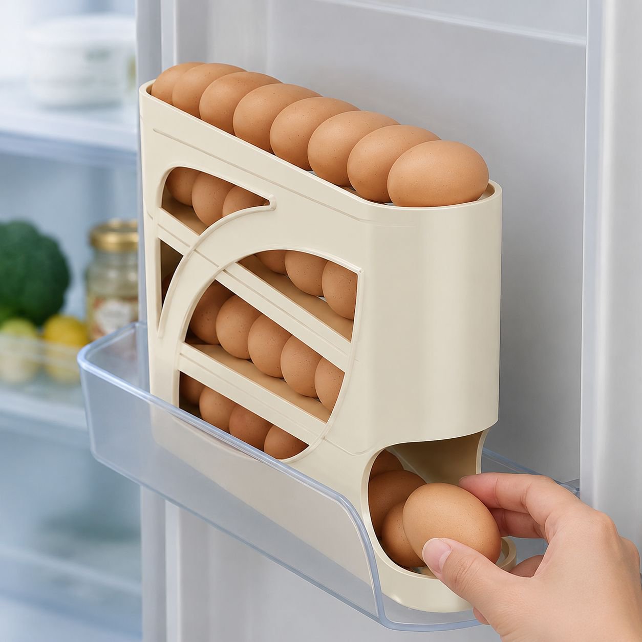 Rollende Eierablage, mehrschichtige Eieraufbewahrungsbox für den Kühlschrank