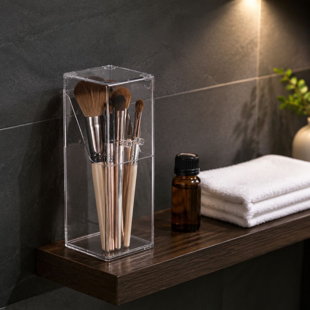 Clear acrylic cosmetic storage box on vanity
