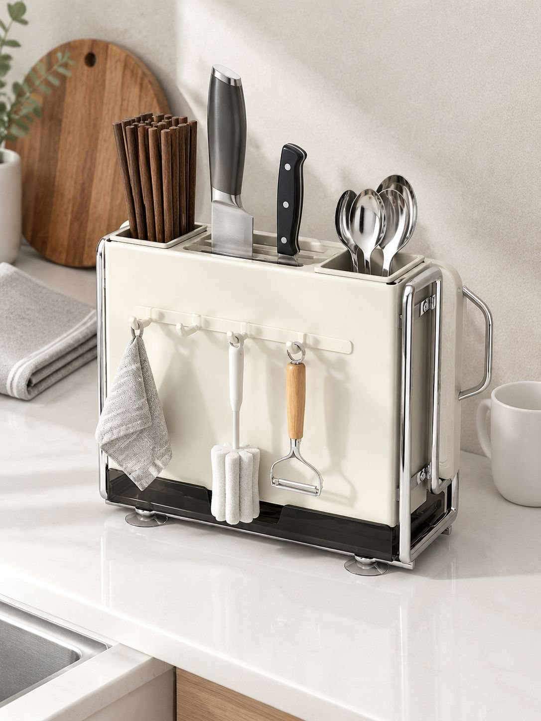 Creme Wind Küche Messerregal Regal Hause multifunktionale Messer Essstäbchen Käfig Rack Arbeitsplatt