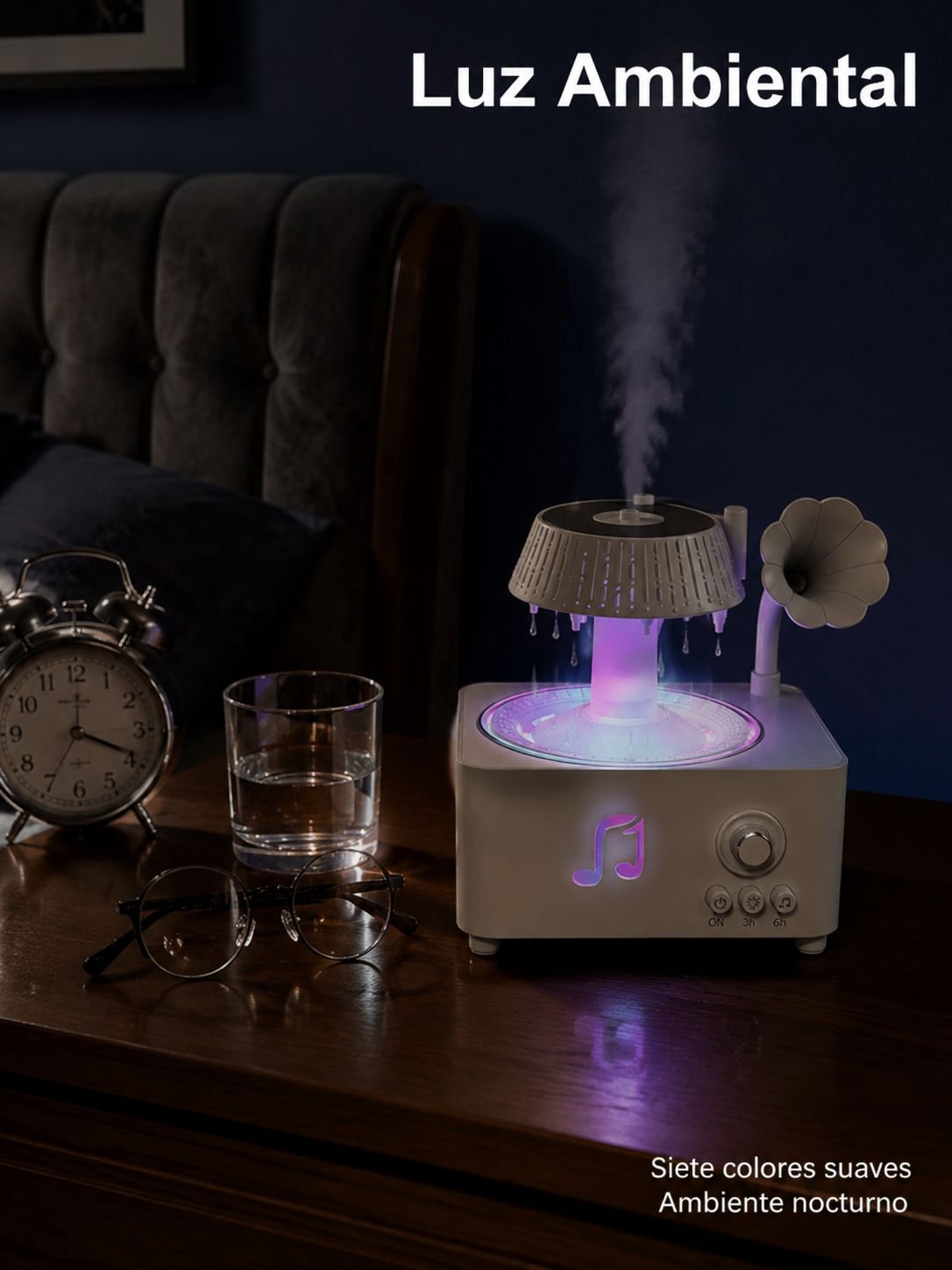 Difusor humidificador retro tipo fonógrafo con control remoto y luz de siete colores para el hogar