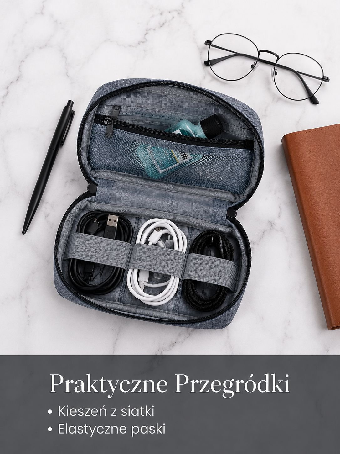 Wielofunkcyjna saszetka na płyn do płukania ust i akcesoria cyfrowe