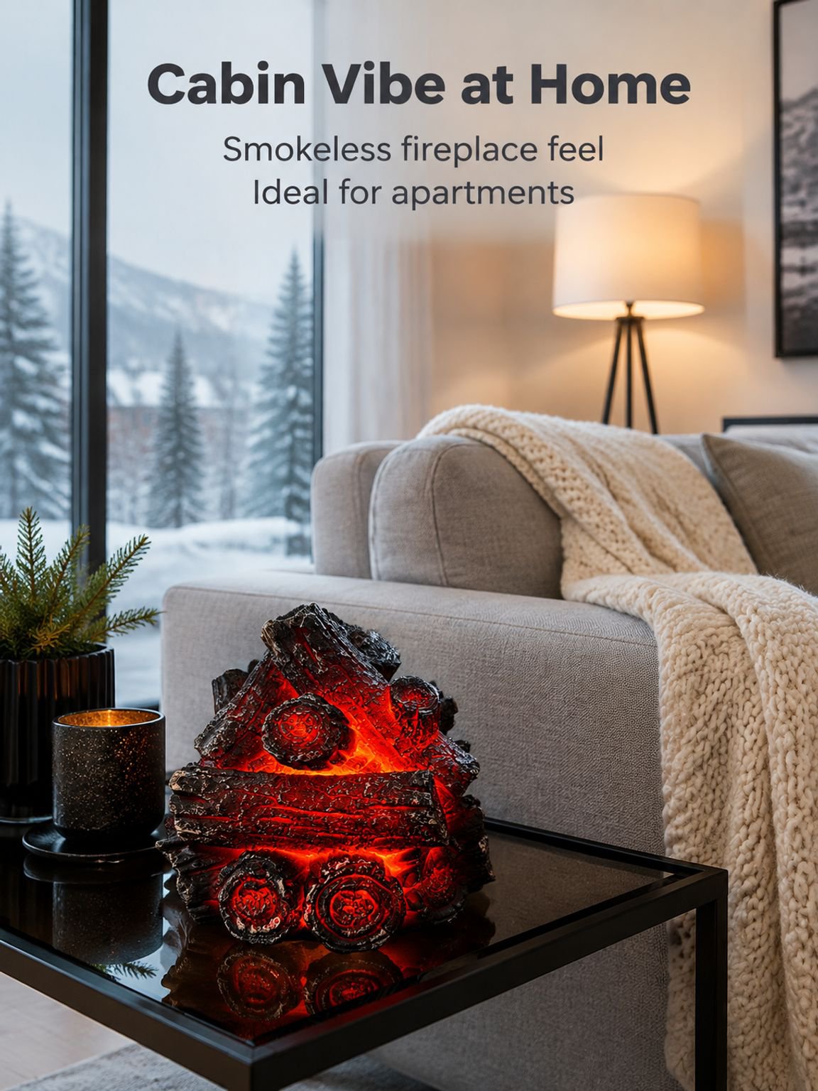 Resin Faux Charcoal LED Ambient Light, Charcoal Pile Design with Soft Flame Effect, Battery-Powered