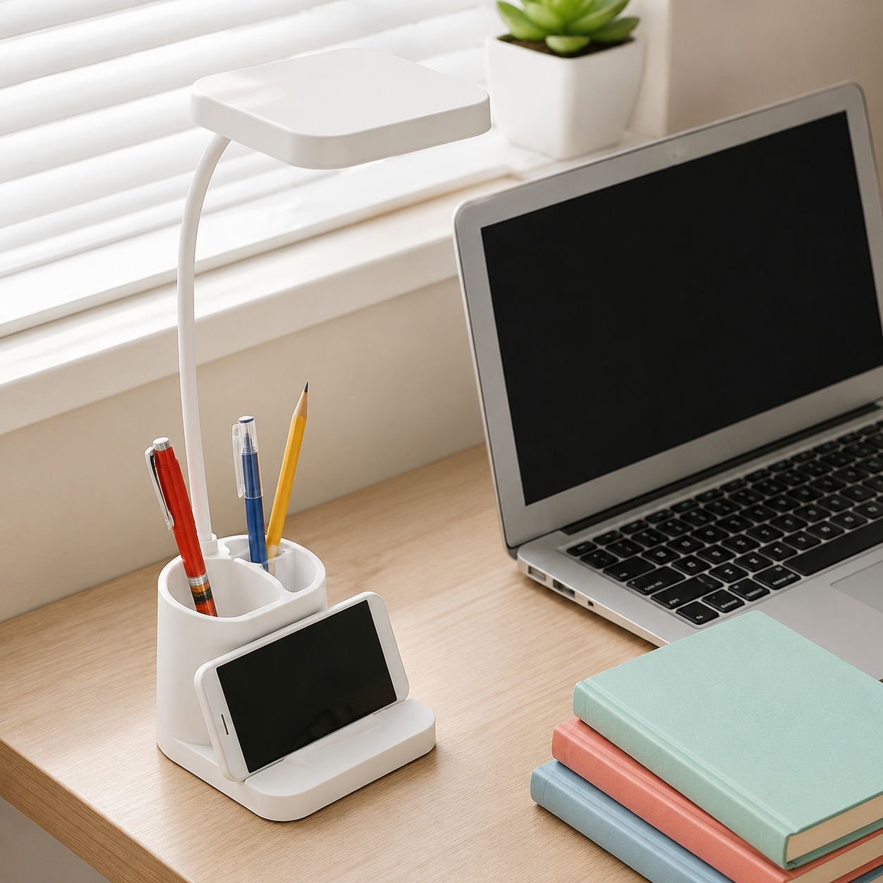 Student desk lamp with flexible lighting and pen holder