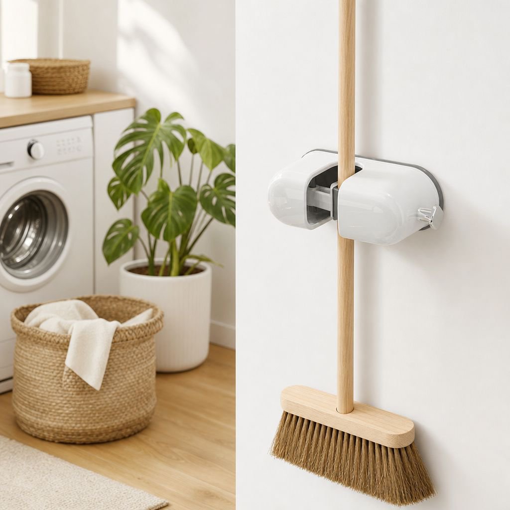 Space-saving mop holder in laundry room