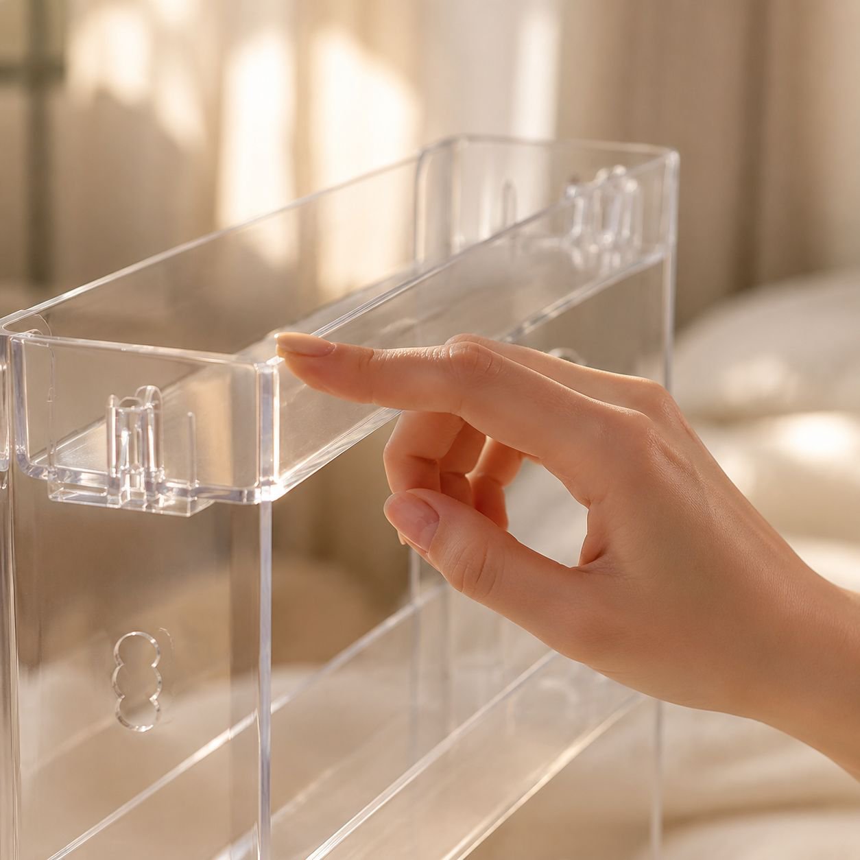 Close-up of clear acrylic display rack with action figures