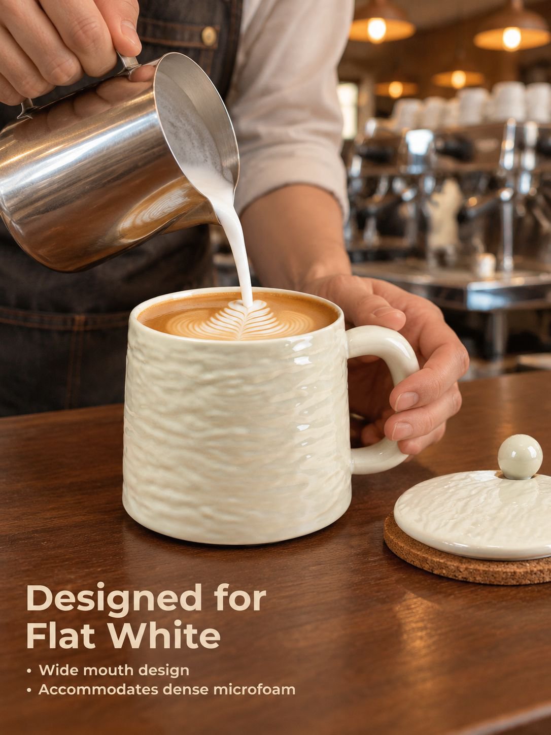 Close-up of the ceramic mug's smooth finish and modern design